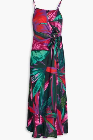 Farm Rio Bead-embellished cutout printed satin midi dress - Green - XS