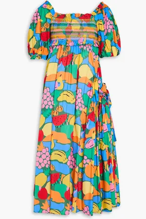 Farm Rio Smocked printed cotton-blend midi dress - - XXS