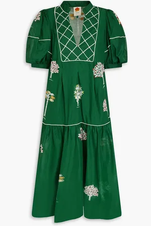 Farm Rio Embroidered cotton-voile midi dress - Green - S