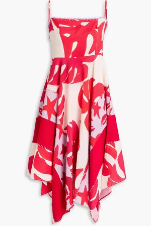 Farm Rio Crochet-trimmed printed linen-blend midi dress - Orange - XS