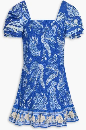 Farm Rio Smocked printed broderie anglaise cotton mini dress - - L