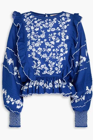 Farm Rio Ruffled embroidered cotton-mousseline blouse - Blue - XXS