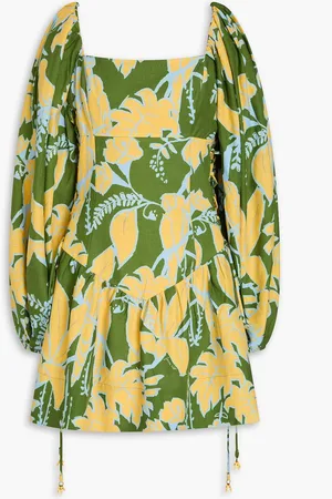 Farm Rio Lace-up floral-print linen-blend mini dress - Green - L