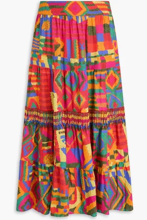 Farm Rio Bead-embellished printed linen-blend midi skirt - - XL