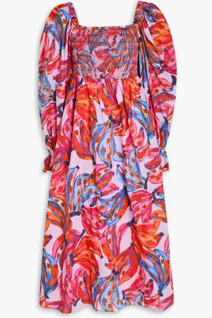 Farm Rio Smocked printed cotton-voile midi dress - Purple - L