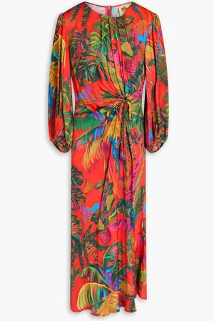 Farm Rio Bead-embellished ruched printed satin midi dress - - S
