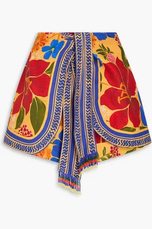 Farm Rio Bead-embellished layered floral-print linen-blend shorts - Yellow - XL