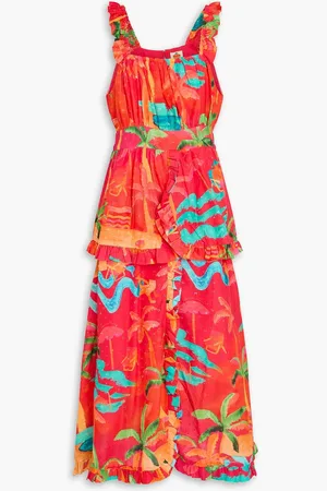 Farm Rio Ruffled printed Swiss-dot cotton midi dress - Orange - M