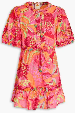 Farm Rio Gathered printed Swiss-dot cotton mini dress - - L