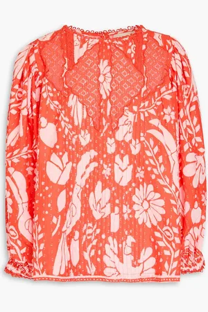 Farm Rio Lace-trimmed floral-print Swiss-dot cotton blouse - Orange - M