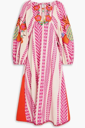 Farm Rio Gathered cotton-blend jacquard midi dress - Pink - XS