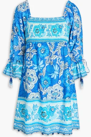 Farm Rio Off-the-shoulder floral-print Swiss-dot cotton mini dress - Blue - M