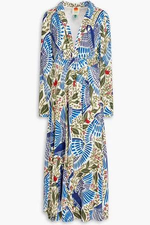 Farm Rio Pleated printed crepe midi dress - Blue - XS
