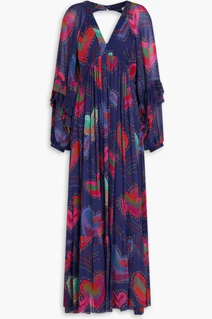 Farm Rio Ruffled cutout printed georgette maxi dress - Blue - XS