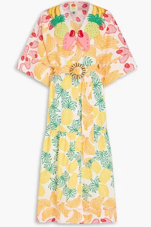 Farm Rio Belted bead-embellished printed cotton-poplin midi dress - - XXS