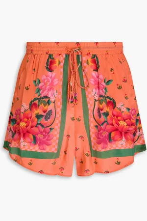 Farm Rio Bead-embellished floral-print satin shorts - Orange - XL