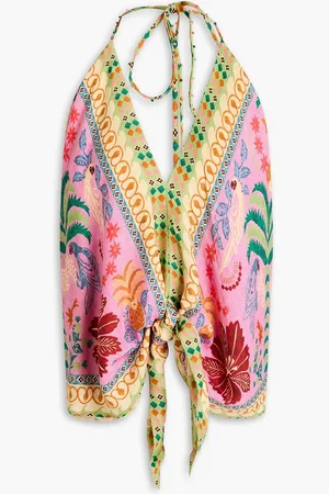 Farm Rio Bead-embellished knotted printed satin halterneck top - - L