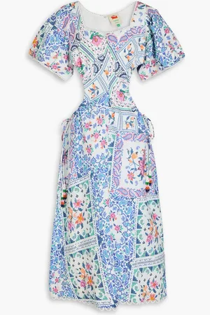 Farm Rio Embellished cutout paisley-print linen midi dress - Blue - L