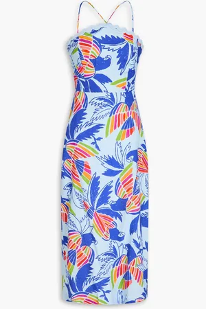 Farm Rio Bead-embellished printed linen-blend midi dress - Blue - XL