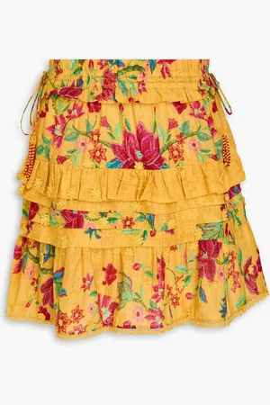 Farm Rio Bead-embellished ruffled floral-print cotton-poplin mini skirt - Yellow - XS