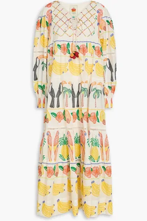 Farm Rio Embellished tiered printed cotton-voile midi dress - - L