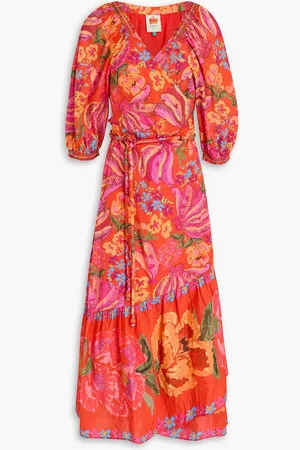 Farm Rio Floral-print Swiss-dot cotton midi dress - Red - XS