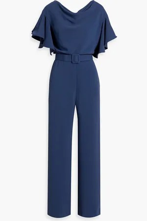 Badgley Mischka Belted ruffled crepe wide-leg jumpsuit - Blue - US 10