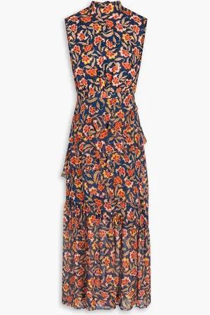 SALONI Fleur ruffled silk-georgette and jacquard midi dress - Blue - UK 14