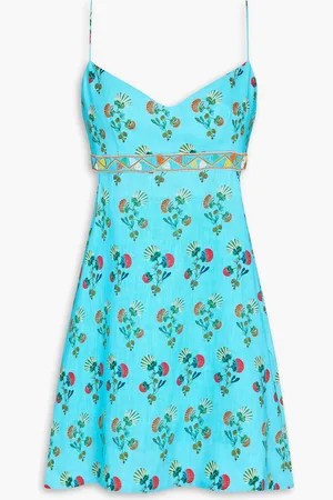 SALONI Bonnie bead-embellished floral-print linen mini dress - Blue - UK 10