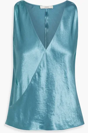 Vince Wrap-effect crinkled-satin top - Blue - M