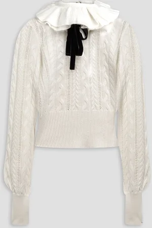 ZIMMERMANN Pussy-bow ruffled cable-knit wool sweater - White - 4
