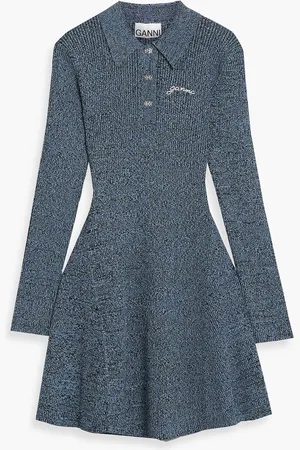 Ganni Marled ribbed-knit mini shirt dress - Blue - M