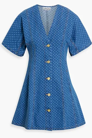 Ganni Polka-dot denim-jacquard mini dress - Blue - DE 42