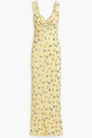 SALONI Lina lace-trimmed silk-blend satin-jacquard maxi dress - Yellow - UK 12