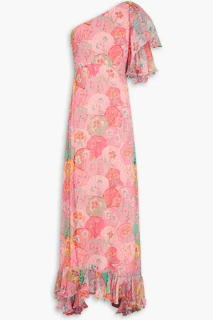 SALONI Danielle one-shoulder ruffled floral-print silk-crepon maxi dress - Pink - UK 10