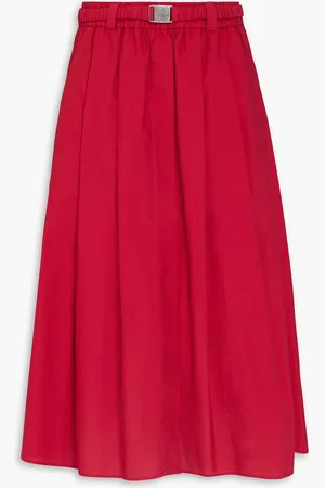 Brunello Cucinelli Belted pleated cotton-blend poplin midi skirt - Red - IT 36