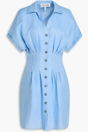 SALONI Pleated linen mini shirt dress - Blue - UK 12