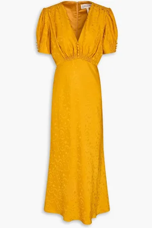 SALONI Lea silk-jacquard midi dress - Yellow - UK 10