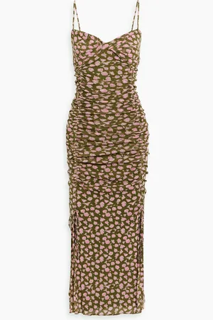 Diane von Furstenberg Lester ruched printed stretch-mesh midi dress - Green - XS