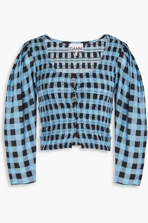 Ganni Shirred gingham cotton and silk-blend top - Blue - DE 34