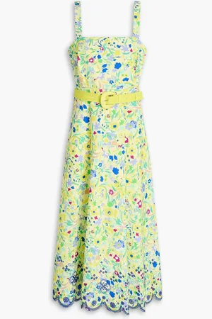 SALONI Belted printed cotton-poplin midi dress - Yellow - UK 10