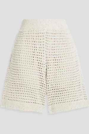 Brunello Cucinelli Sequin-embellished open-knit cotton-blend shorts - White - M