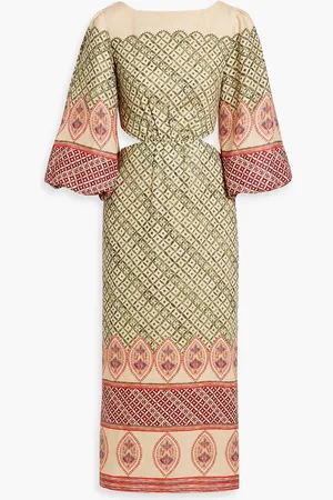 SALONI Neelam cutout printed linen midi dress - Green - UK 14