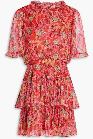 SALONI Ava tiered metallic floral-print silk-blend chiffon mini dress - Red - UK 10