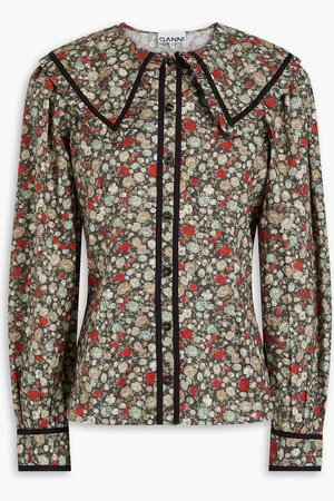 Ganni Ruffled floral-print cotton-poplin shirt - Gray - DE 36