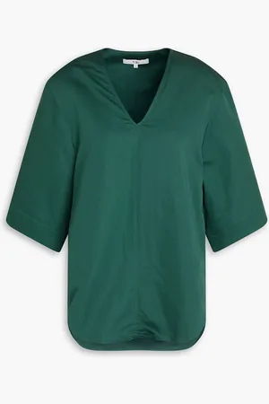tibi Cotton and linen-blend sateen top - Green - US 0