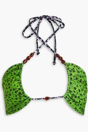 Ganni Embellished floral-print halterneck bikini top - Green - DE 40