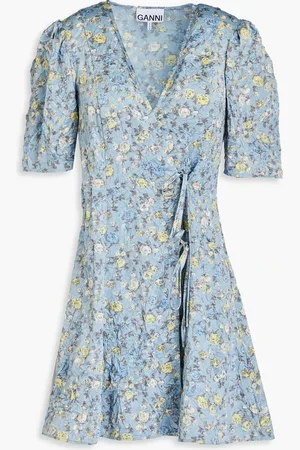 Ganni Floral-print crinkled-satin mini wrap dress - Blue - DE 38