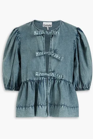 Ganni Tie-detailed cotton-poplin peplum top - Blue - DE 38