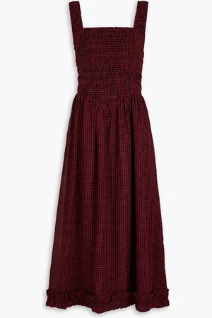 Ganni Cutout gingham seersucker midi dress - Burgundy - DE 42